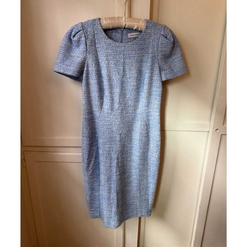 Calvin Klein Blue White Tweed Bouclé Puff Sleeve Sheath Dress - Size 8